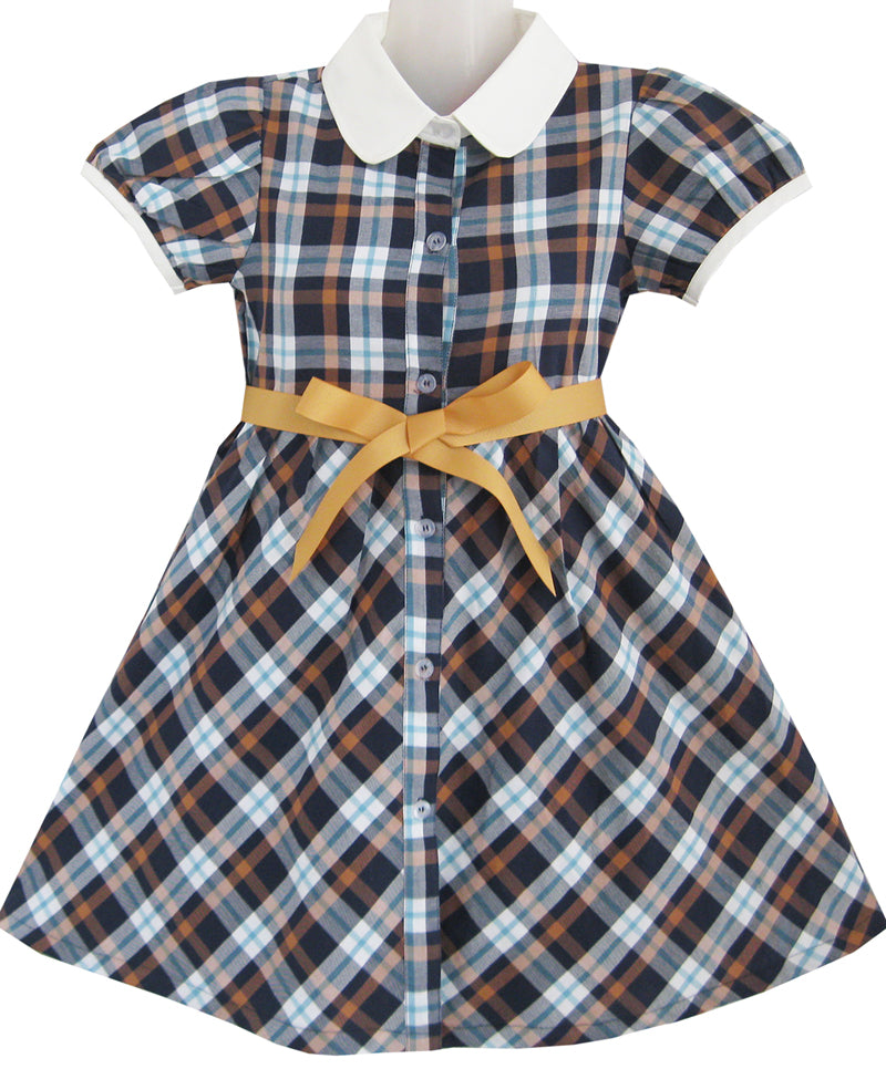 Girls Dress White Collar Gray Navy Blue Plaid Checks School Uniform Kids – Sunny Fashion