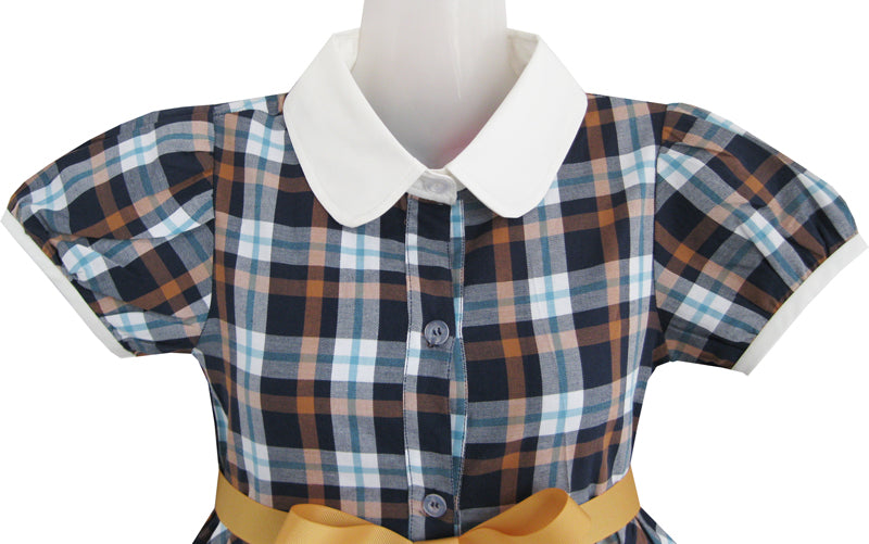 Girls Dress White Collar Gray Navy Blue Plaid Checks School Uniform Kids Size 4-10 Years