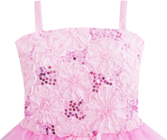 Girls Dress Tank Embroidered Pink Flower Trimmed Wedding Size 4-10 Years