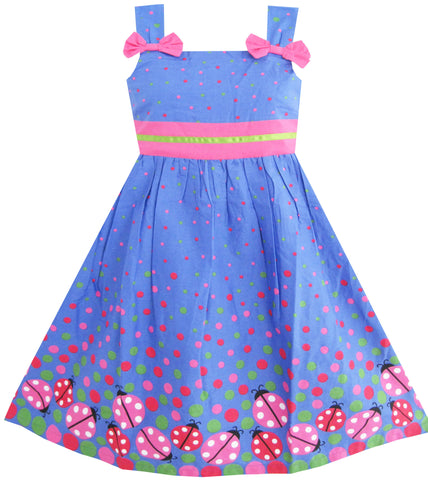 Girls Dress Blue Bug Pink Dot Size 2-8 Years