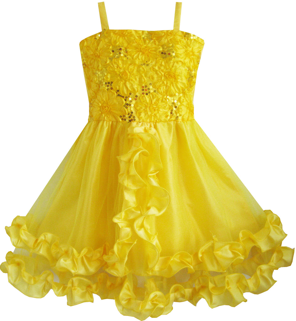 Girls Dress Yellow Shinning Sequins Wedding Party Pageant Size 4-10 Years