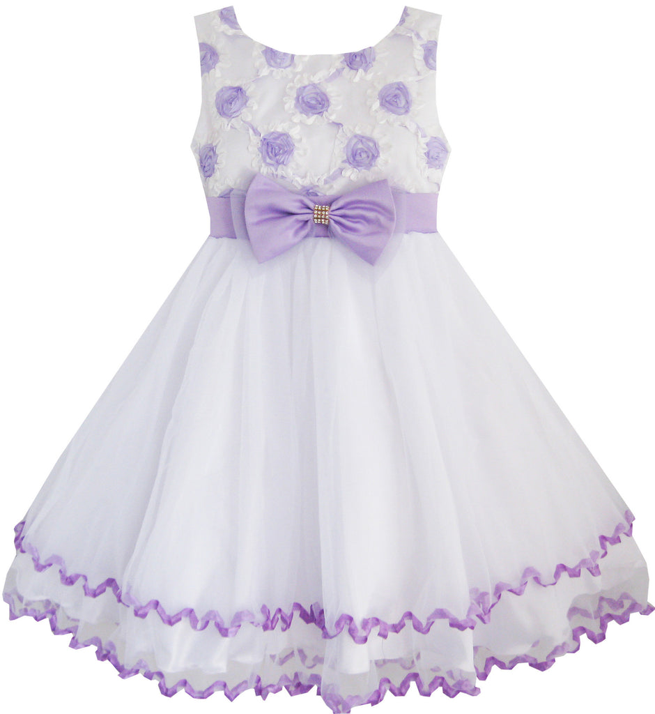 Girls Dress Purple Flower White Tulle Pleated Wedding Party Size 2-10 Years
