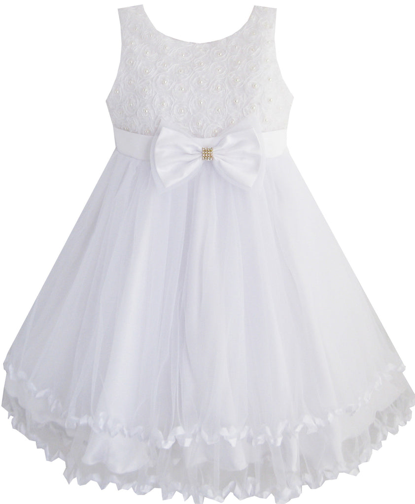 Girls Dress White Pearl Tulle Layers Wedding Pageant Flower Girl Size 2-10 Years