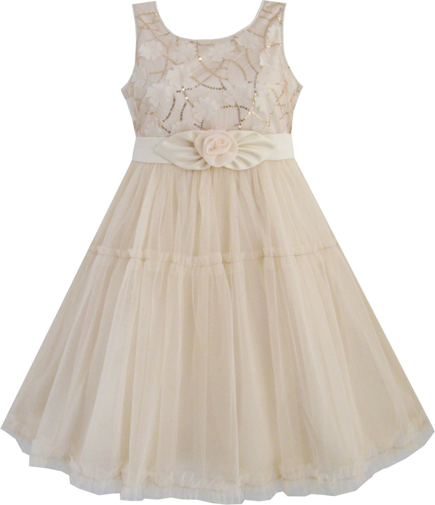 Girls Dress Shinning Sequins Beige Tulle Layers Wedding Pageant Size 2-10 Years