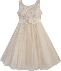 Girls Dress Shinning Sequins Beige Tulle Layers Wedding Pageant Size 2-10 Years