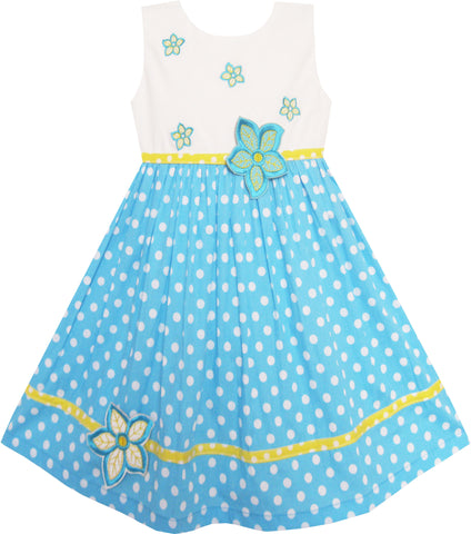 Girls Dress White Dot Blue Embroidered Flower Party Size 2-6 Years
