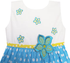 Girls Dress White Dot Blue Embroidered Flower Party Size 2-6 Years