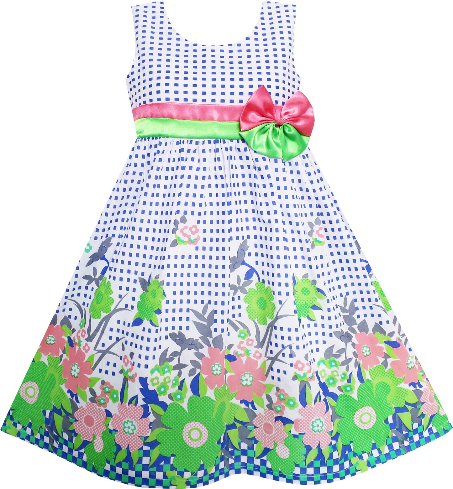Girls Dress Double Bow Tie Green Flower Size 4-12 Years