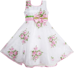 Girls Dress Pink Flower Wedding White Princess Unique Bow Size 4-12 Years