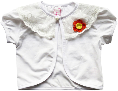 Girls Dress White Top Vest Shrug Lace Flower Pearl Short Sleeve Kids Size 2-10 Years