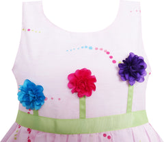 Girls Dress Colorful Dot 3 Flower Green Belt Party Birthdayren Size 4-12 Years
