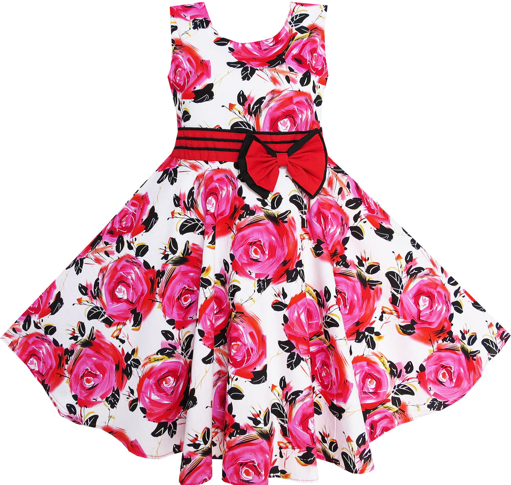 Girls Dress Red Rose Party Summer Cotton Size 6-12 Years