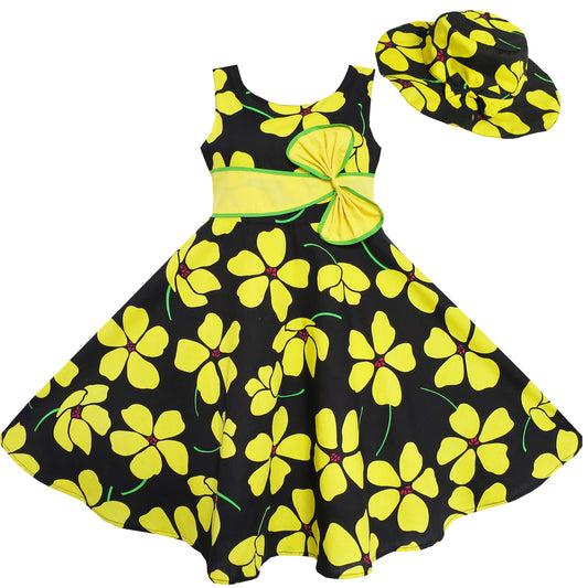 2 Pecs Girls Dress Sun Hat Bow Tie Yellow Summer Beach Size 4-12 Years
