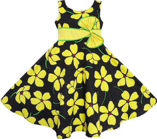 2 Pecs Girls Dress Sun Hat Bow Tie Yellow Summer Beach Size 4-12 Years