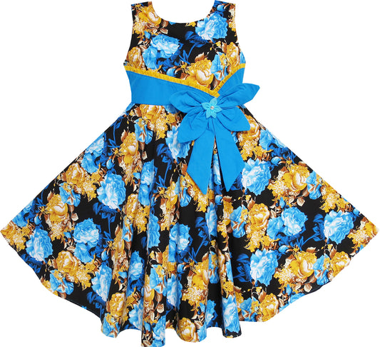 Girls Dress Bohemia Gold Blue Bow Tie Everyday Summer Clothes Size 6-12 Years