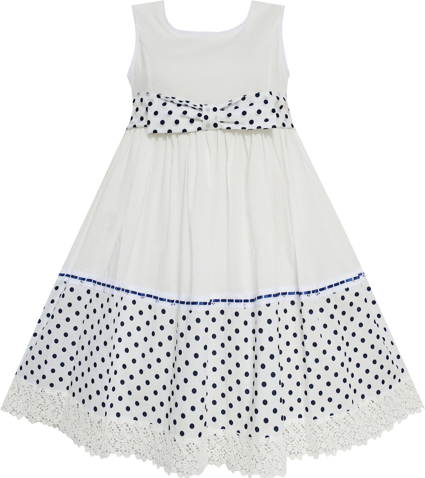 Girls Dress Dot Bow Tie White School Size 4-9 Years