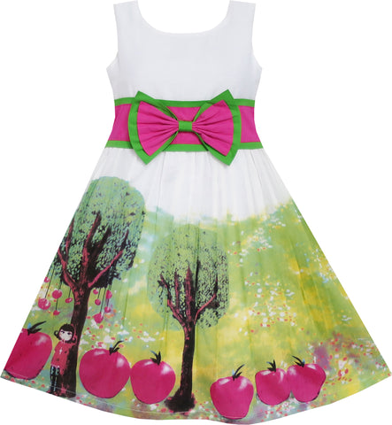 Girls Dress Apple Tree Print Bow Tie Summer Size 6-14 Years