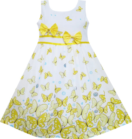 Girls Dress Butterfly Yellow Double Bow Tie Summer Beach Size 4-12 Years