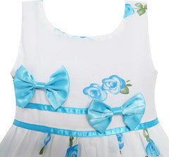 Girls Dress Blue Flower Double Bow Tie Party Birthday Summer Camp Size 4-12 Years