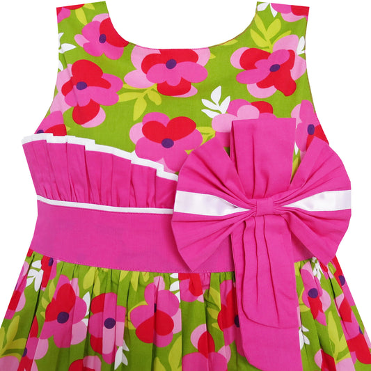 Girls Dress Green Double Bow Tie Flower Beach Size 4-12 Years