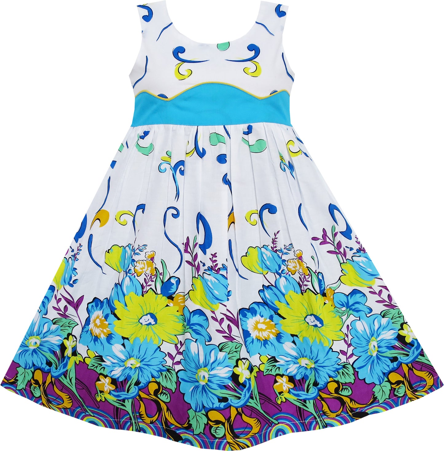 Girls Dress Cornflower Blue Wave Lined Summer Camp Size 4-12 Years