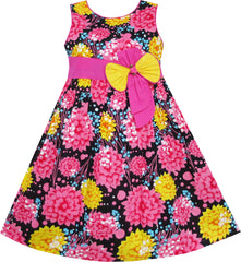 Girls Dress Pink Yellow Floral Bow Tie Party Beach Size 4-12 Years
