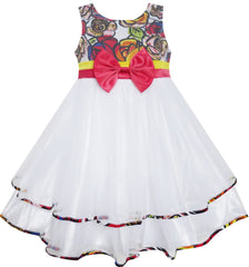 Girls Dress Bohemian Print Tulle Tiered Layer White Wedding Size 2-10 Years