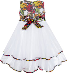 Girls Dress Bohemian Print Tulle Tiered Layer White Wedding Size 2-10 Years