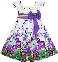 Girls Dress Bow Tie Purple Floral Sleeve Princess Party Size 2-10 Years