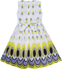 Girls Dress Peacock Tail Dot Yellow Party Birthday Size 4-12 Years