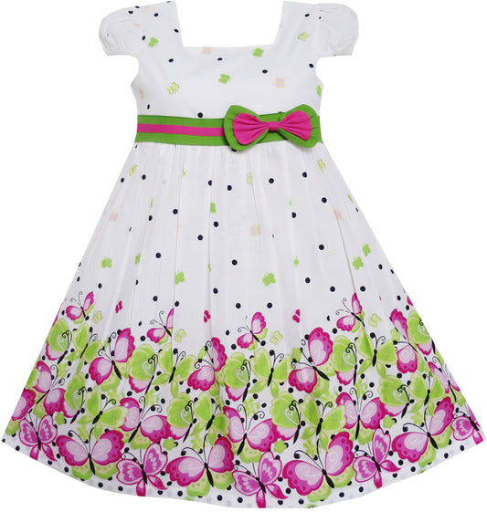 Girls Dress Butterfly Pink Green Dot Short Sleeve Back School Size 2-10 Years