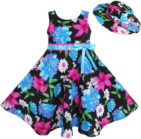 2 Pecs Girls Dress Hat Blue Flower Summer Beach Party Dancing Size 4-12 Years