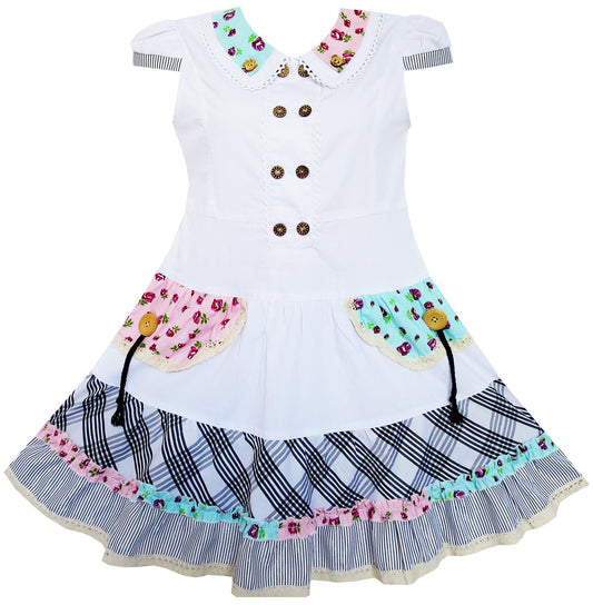 Girls Dress White Cute Colorful Collar Back School Size 6-14 Years