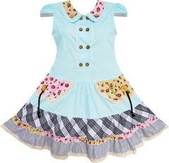 Girls Dress Blue Cute Colorful Collar Back School Size 6-14 Years