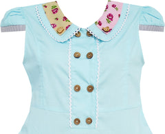 Girls Dress Blue Cute Colorful Collar Back School Size 6-14 Years