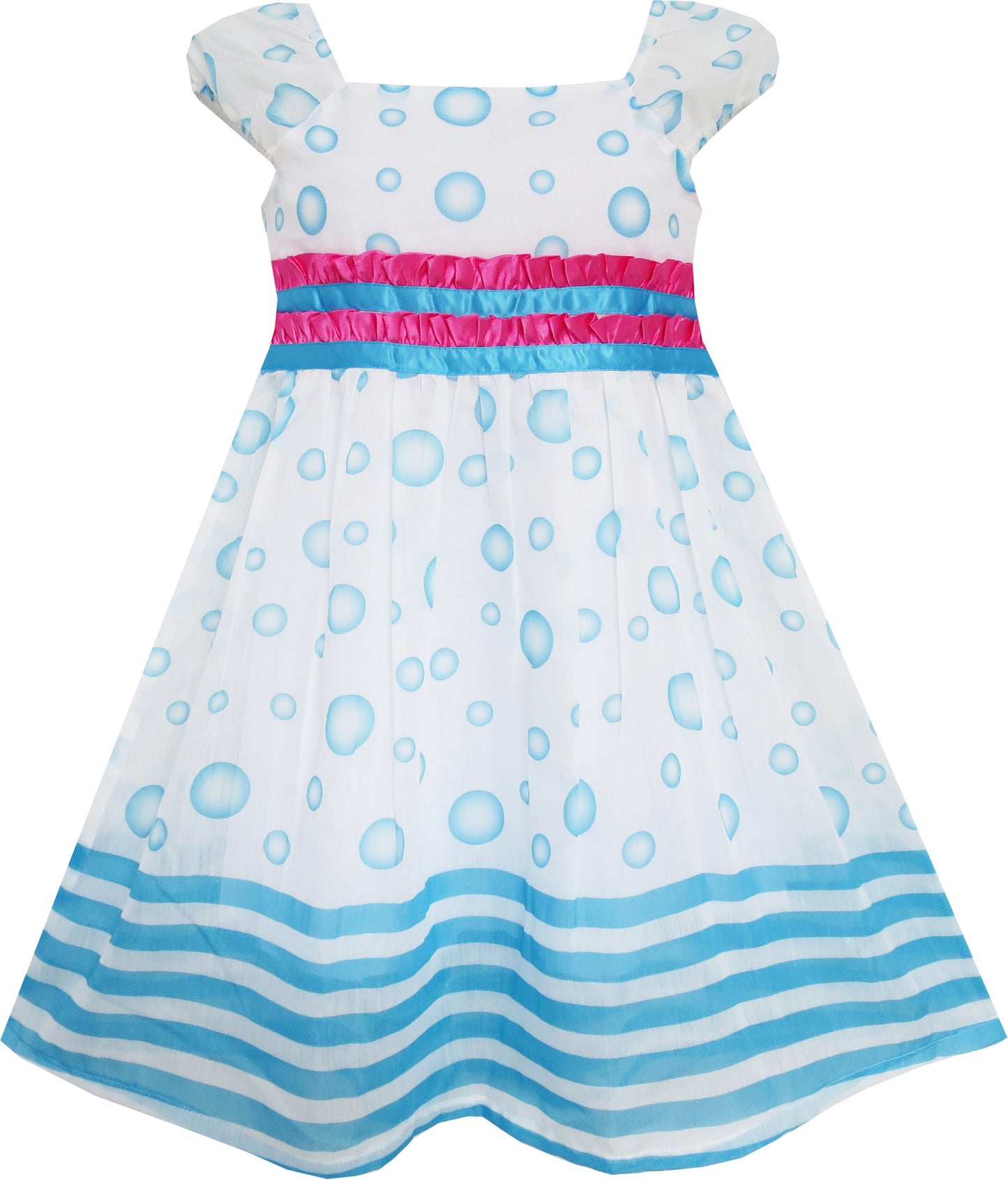 Girls Dress Blue Bubble Short Sleeve Striped Pink Ribbon Size 4-8 Years