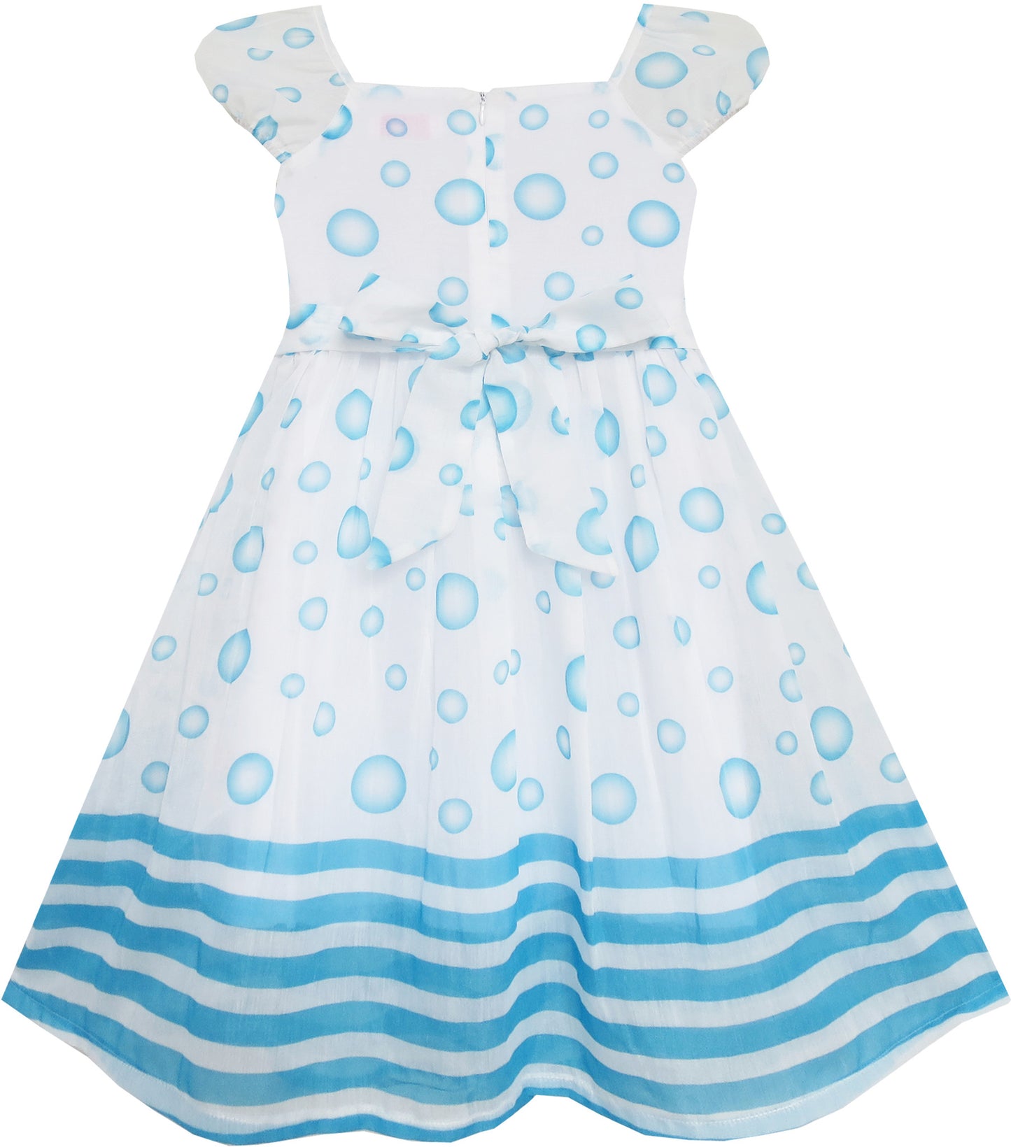 Girls Dress Blue Bubble Short Sleeve Striped Pink Ribbon Size 4-8 Years