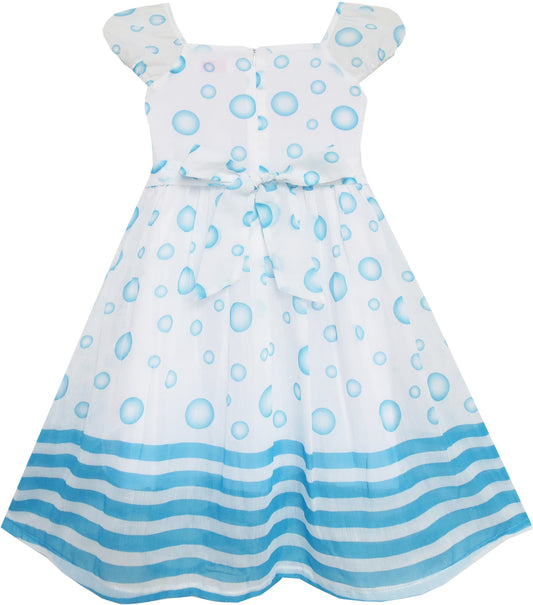 Girls Dress Blue Bubble Short Sleeve Striped Pink Ribbon Size 4-8 Years