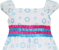 Girls Dress Blue Bubble Short Sleeve Striped Pink Ribbon Size 4-8 Years