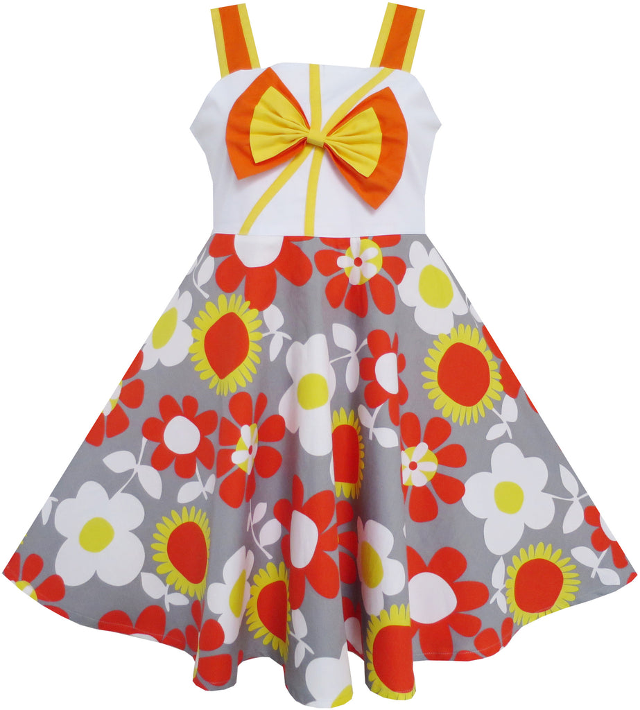 Girls Dress Cute Bow Tie Sun Flower Gray Holiday Size 4-10 Years