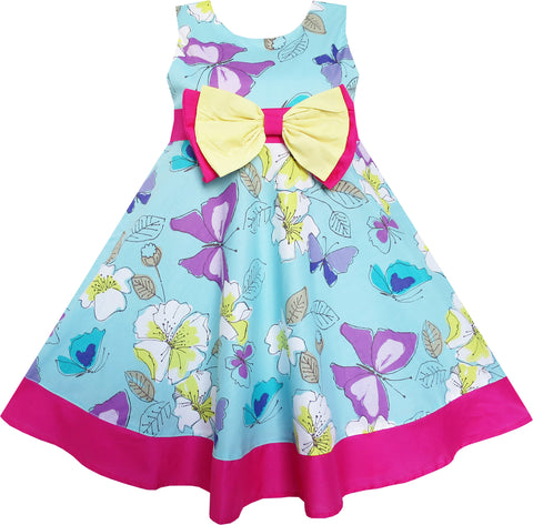 Girls Dress Bow Tie Butterfly Flower Print Blue Size 3-8 Years