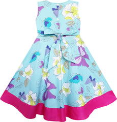 Girls Dress Bow Tie Butterfly Flower Print Blue Size 3-8 Years