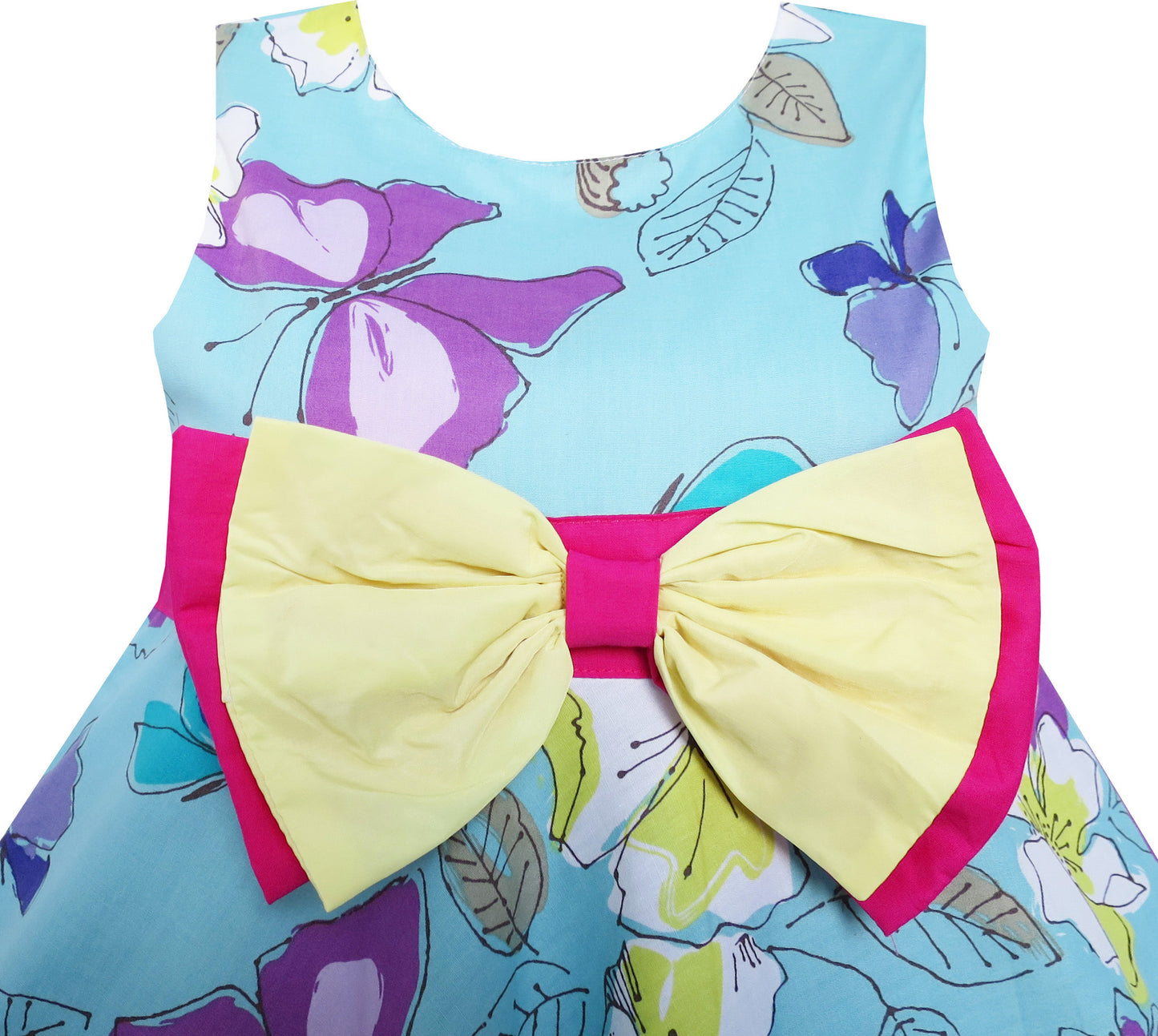 Girls Dress Bow Tie Butterfly Flower Print Blue Size 3-8 Years