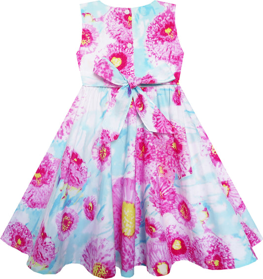 Girls Dress Bow Tie Water Flower Pattern Purple Size 4-8 Years