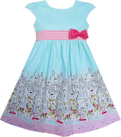 Girls Dress Bow Tie City Building Car Print Blue Size 3-8 Years