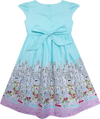 Girls Dress Bow Tie City Building Car Print Blue Size 3-8 Years