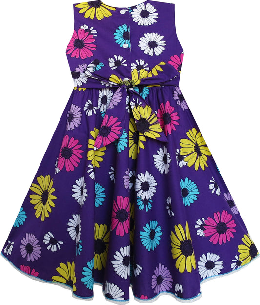 Girls Dress White Collar Sunflower Print Purple Party Size 4-8 Years