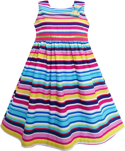 Girls Dress Bright Multi Colored Striped A-Line Cute Bow Tie Size 3-8 Years