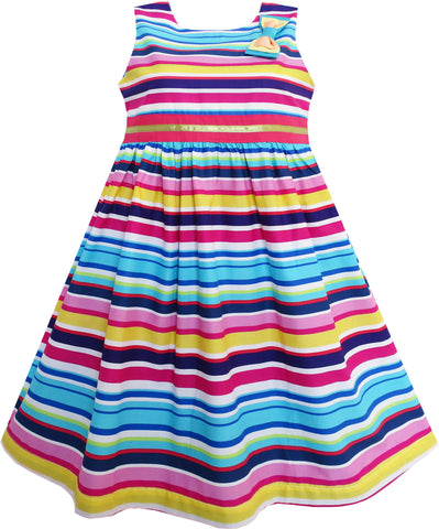 Girls Dress Bright Multi Colored Striped A-Line Cute Bow Tie Size 3-8 Years