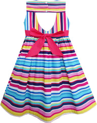 Girls Dress Bright Multi Colored Striped A-Line Cute Bow Tie Size 3-8 Years
